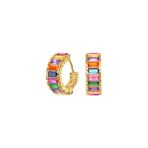 Detail view of gold earrings with rainbow rectangle zircon stones in a French hoop style