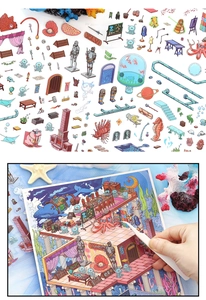 Détail d'autocollants d'illustration montrant la vie marine et la fantaisie médiévale