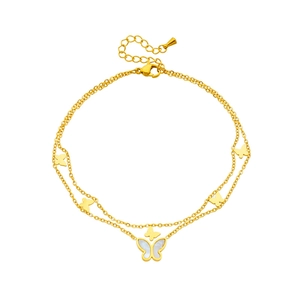 Gold double-layered butterfly anklet with white shell inlay on a minimalist white background