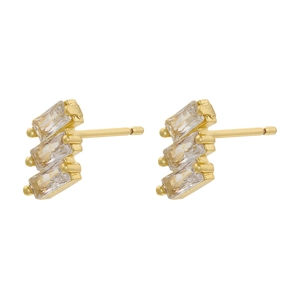 Close-up of triple baguette-cut zircon stones on an 18K gold-plated geometric stud earring