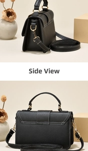 Detailed side and back view of black leather handbag with white contrast stitching