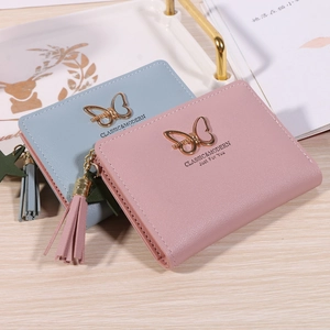 Women Short Wallet PU Leather Butterfly Buckle Tassel Zipper Multi Card Slots Simple Korean Style Fashion Minimalist Purse