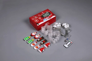 LED Christmas icicle lights set with USB cable, remote control and festive cartoon pendants