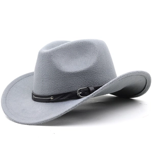 Detail of grey felt cowboy hat with black leather belt and silver metal buckles