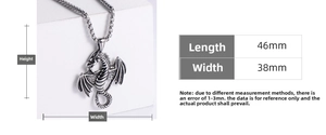 Detailed size specifications for punk dragon pendant measuring 46mm height and 38mm width