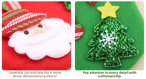 Detailed close-up of handmade felt Christmas gift bag with 3D Santa and sequined tree