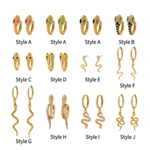 Set of 10 gold snake-shaped earrings with colorful crystals and 925 silver finish