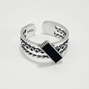 925 Sterling Silver Ring Vintage Black Enamel Rectangular Adjustable Open Multi Layer Texture Retro Minimalist Jewelry