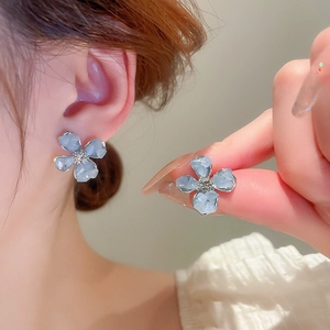 French vintage light blue flower stud earrings with artificial crystal center for women