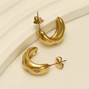 Hoop Earrings Stainless Steel 18K Gold Plated Star Engraved Cubic Zirconia Vintage Fashion C Shape For Women