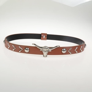 Vintage brown leather choker with bull head pendant and silver metal studs for DIY styling
