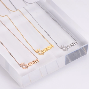 Three-tone titanium steel Queen letter pendant necklace with crown and zircon stones