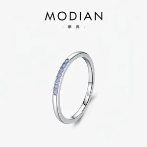 Minimalist Thin Band Ring 925 Sterling Silver Light Blue Opal Micro Pave Simple Elegant Jewelry For Women