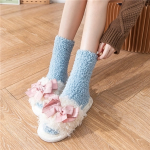 Dicke warme blaue Korallenfleece Wintersocken für Damen mit rosa Schleife und weißem Rand