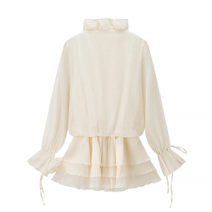 Detailed view of cream ruffled chiffon blouse featuring tiered hem and lantern sleeves