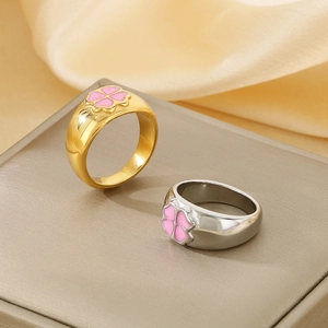 Bague En Acier Inoxydable Trèfle À Quatre Feuilles Rose Pour Femme Émail Fleur De Chance Bande Plaqué Or 18K Bijoux