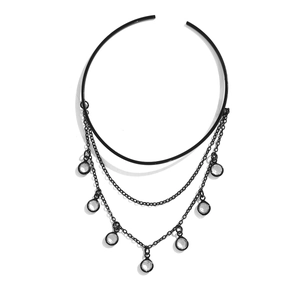 Detail view of multilayer gothic black choker with crystal pendants and delicate chains