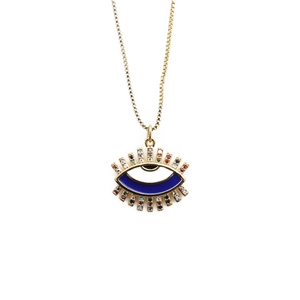 Detailed view of evil eye necklace with gold chain and colorful zircon stone settings