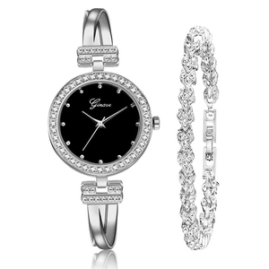 Women's silver semi-bangle watch and crystal bracelet set with black dial and rhinestones
