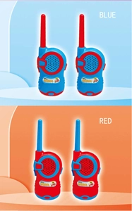 Detail view of red and blue children's walkie talkies with side buttons and speakers
