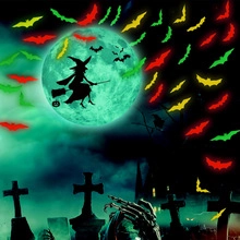 Glow in the dark Halloween wall stickers featuring a witch moon and colorful bats decor