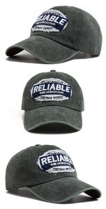 Detailed views of washed cotton baseball cap with vintage embroidery and distressed fabric