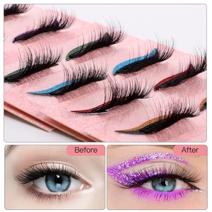 Dramatic colorful glitter eyeliner false eyelashes set showing before and after effect
