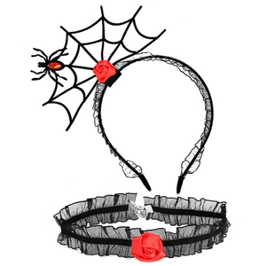 Halloween headband and choker set with red roses, black cobwebs, and spider details