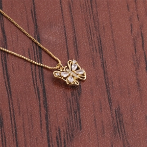 Golden butterfly pendant necklace with clear zircon stones on a box chain for women