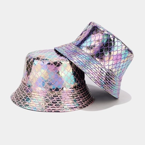 Iridescent fish scale bucket hat with laser metallic fabric shown in a stacked layout