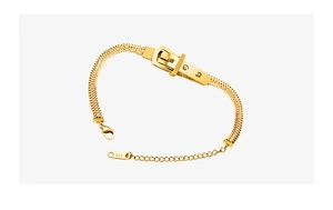 Macro shot of 18k gold plated stainless steel bracelet with buckle detail and K18 stamp