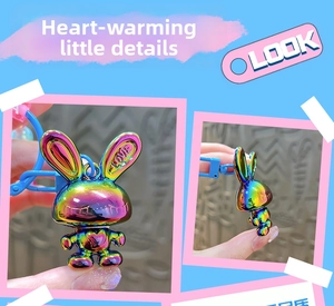 Macro detail of iridescent rabbit pendant with LOVE engraving and blue plastic hook