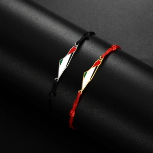 Palestine map bracelet with flag enamel charm on double layer chain and woven cord