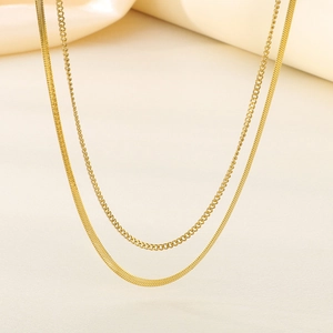 Double layered gold stainless steel necklace with snake and cuban link chains