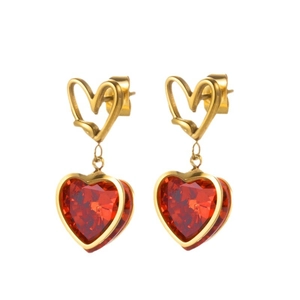 French vintage titanium steel gold stud earrings with elegant red heart crystal pendants