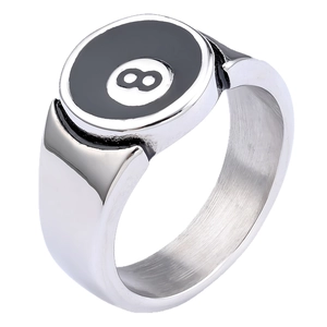 Polished stainless steel ring for men featuring a classic black number 8 billiard design