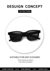 Detail of black square sunglasses featuring UV protection and integrated nose pads