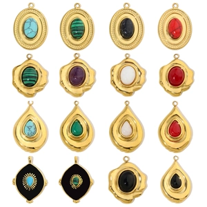 Vintage Stainless Steel Natural Stone Pendant Charms Water Drop Geometric Eye Shape French Style DIY Jewelry Making Accessories For Women