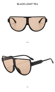 Detail view of black frame sunglasses with light tea one-piece lens in front and side views