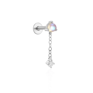 Macro detail of S925 sterling silver moonstone ear stud with flat back and dangling chain