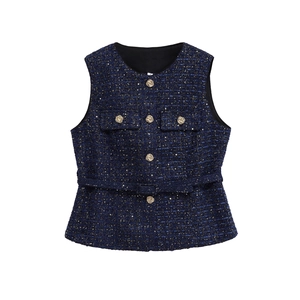 Dunkelblaue Tweed-Weste für Damen mit goldenen Rosenknöpfen und passendem Gürtel