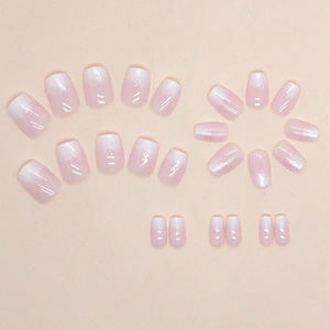 Pink and white ombre glitter press-on nails set with glossy finish and diverse sizes
