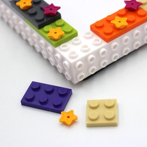 Starry sky themed DIY building block photo frame with colorful bricks and star accents