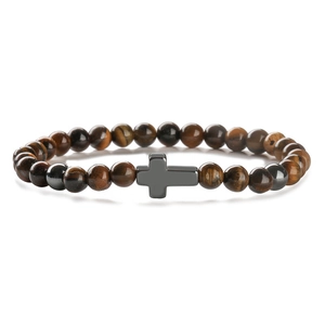 Bracelet en perles œil de tigre 6mm et turquoise avec pendentif croix en métal gris