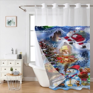 Detail of Christmas shower curtain with Santa Claus and snowman motifs in a modern bathroom
