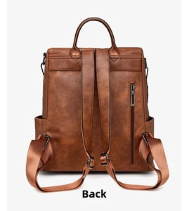 Detailed back view of vintage faux leather backpack with anti-theft zipper and side pockets