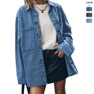 Women Oversized Denim Jacket Shirt Long Sleeve Retro Wash Cotton Shacket With Large Pockets Loose Casual Streetwear