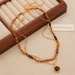 Retro tiger eye beaded necklace set with golden double layer chain on velvet jewelry box