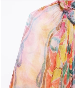 Macro shot of colorful pleated fabric texture and high-density printing details