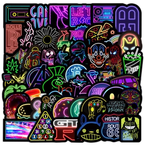 Close-up of waterproof neon style graffiti stickers with various cool brand logos